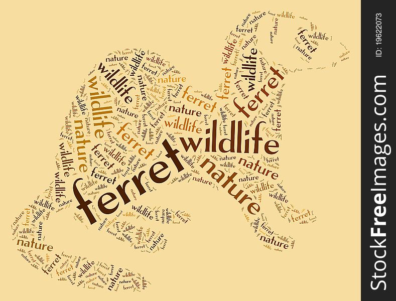 Textcloud: silhouette of ferret of nature words. Textcloud: silhouette of ferret of nature words