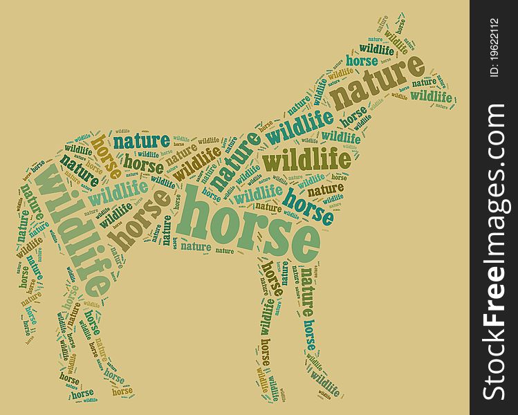 Textcloud: silhouette of horse of nature words on brown background. Textcloud: silhouette of horse of nature words on brown background