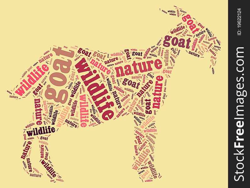 Textcloud: silhouette of goat of nature words on yellow backgroung. Textcloud: silhouette of goat of nature words on yellow backgroung