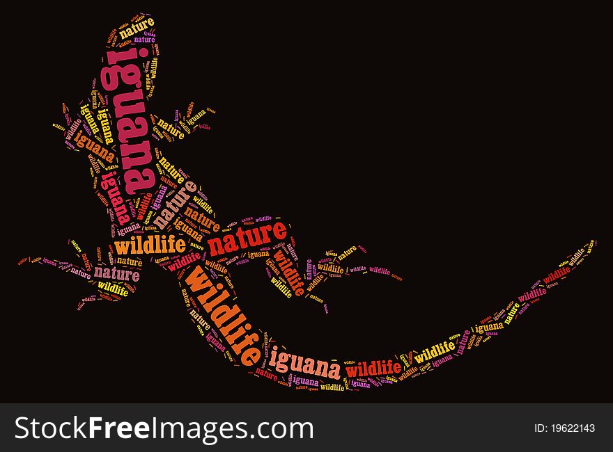 Textcloud: isolated silhouette of iguana on black background. Textcloud: isolated silhouette of iguana on black background