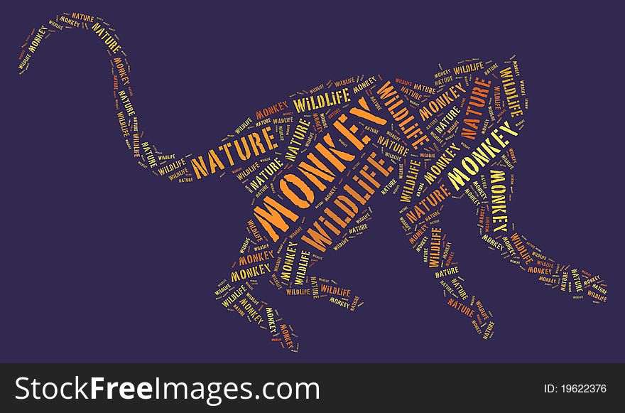 Textcloud: isolated silhouette of monkey of wildlife words