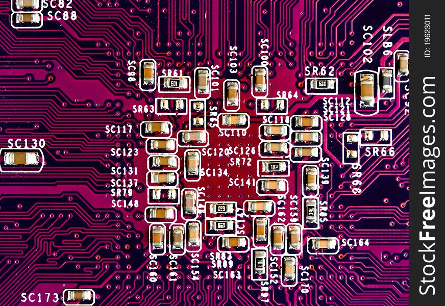 Back view of red circuit board. Back view of red circuit board