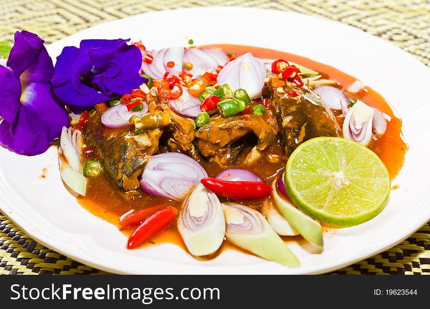 Thai cuisine , mackerel fish with  sauce. Thai cuisine , mackerel fish with  sauce