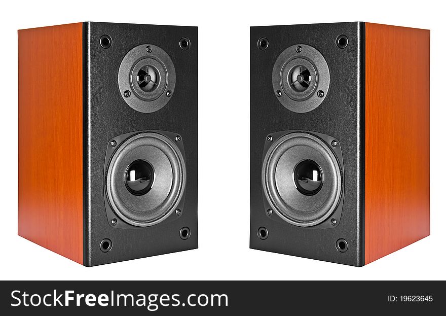 Two Wood Loud Speakers Isolated on White Background