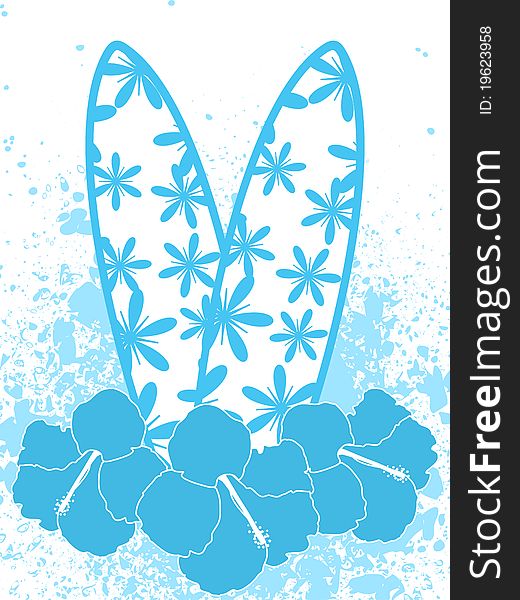 Surfboards with blue flowers and hibiscus flowers on a grunge background. Surfboards with blue flowers and hibiscus flowers on a grunge background