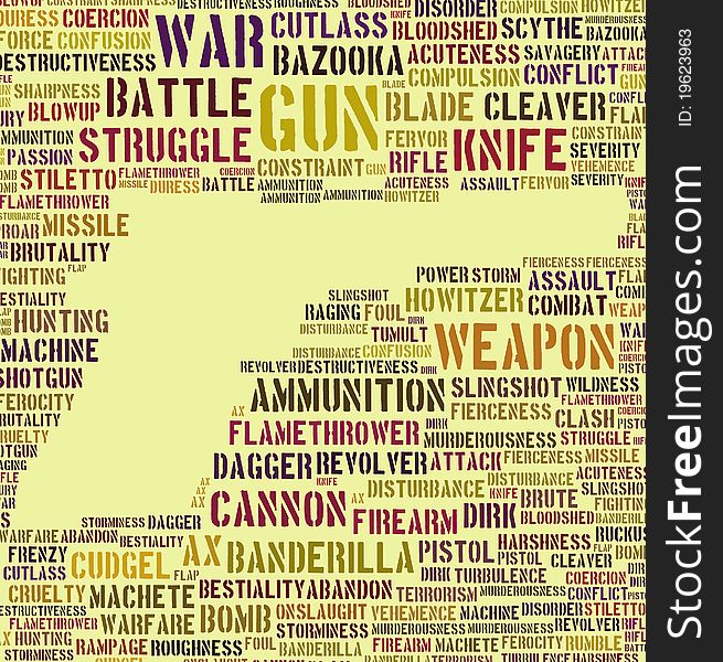 Tagcloud: gun silhouette of weapon and war words. Tagcloud: gun silhouette of weapon and war words