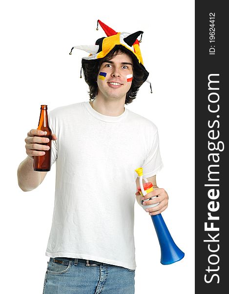 Football fan with beer and trumpet