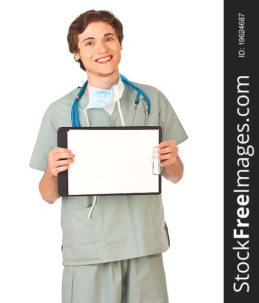 Young medical worker showing blank clipboard and smiling. Young medical worker showing blank clipboard and smiling