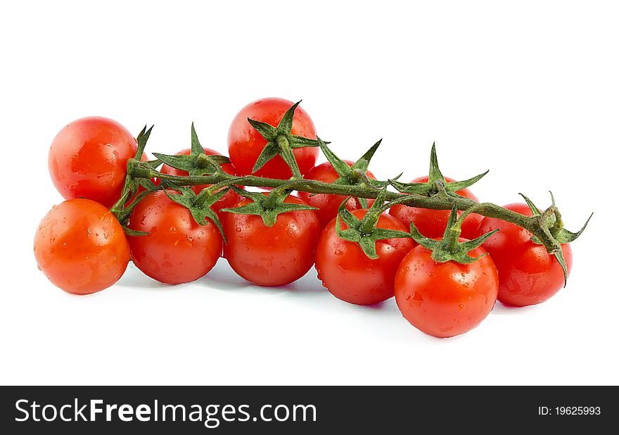 Nine red cherry tomatoes on a green branch. Nine red cherry tomatoes on a green branch