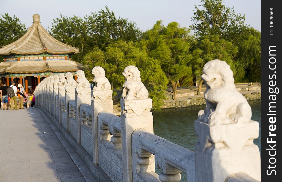 Stone lions against blue sky in Summer Palace,Beijing,China