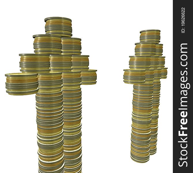 3d Stacks of Euro coins arrow going up. 3d Stacks of Euro coins arrow going up