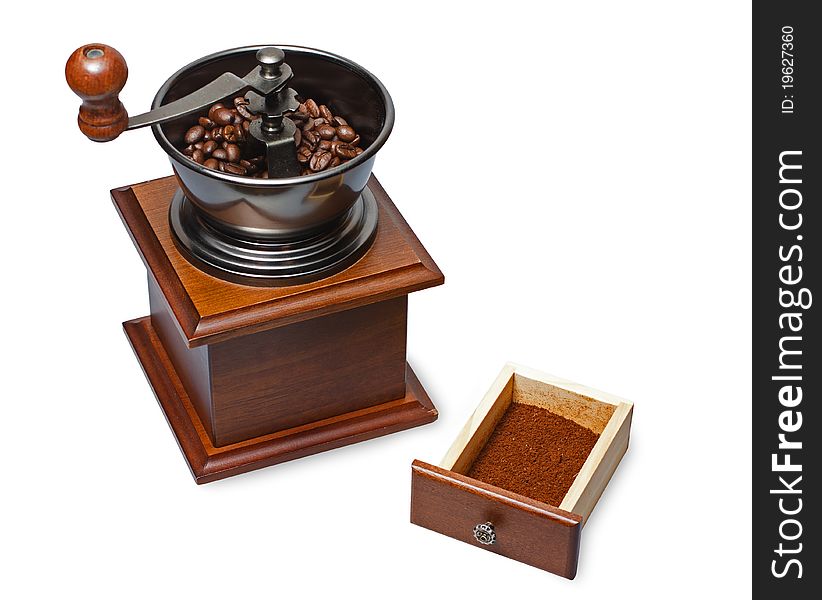 Coffee grinder with beans and ground coffee in little box