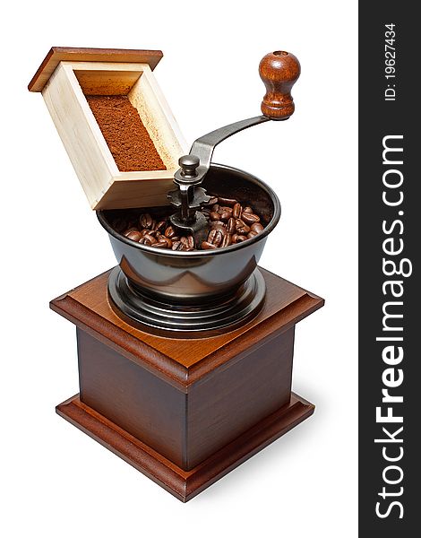 Coffee grinder with beans and ground coffee in little box