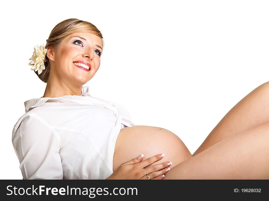 Pregnant woman isolated on white