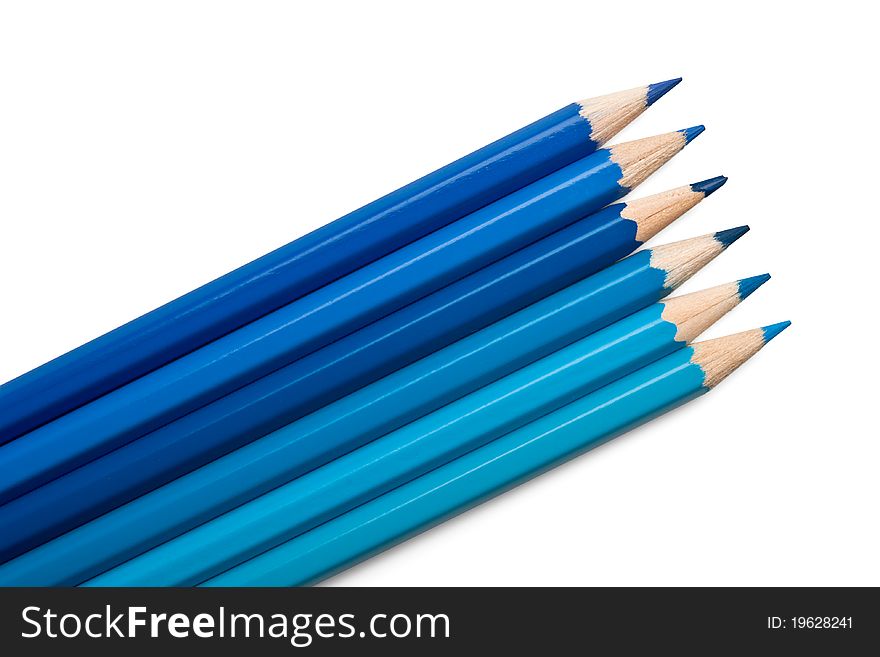 Set of colored pencils, blue palette isolated