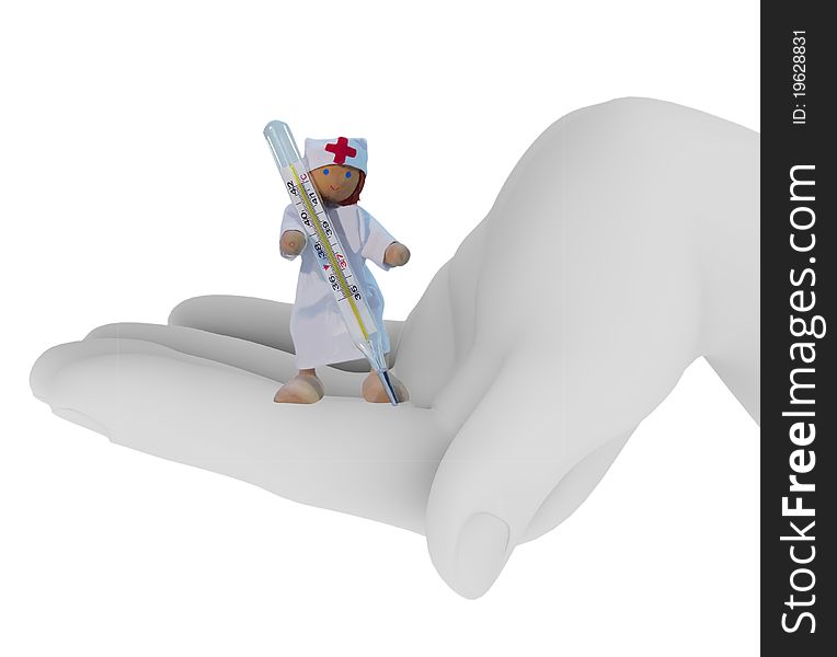 The Toy doctor with the thermometer in the palm. isolated on white