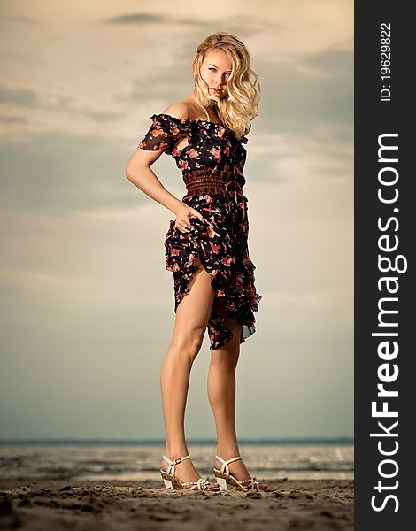 A young pretty lady standing against the background of a seashore. A young pretty lady standing against the background of a seashore.