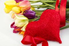 Tulips And Red Heart Stock Photo Tulips And Red Heart Stock Photo