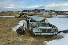 Abandoned Brokendown Old Cars In The Tundra Stock Photography