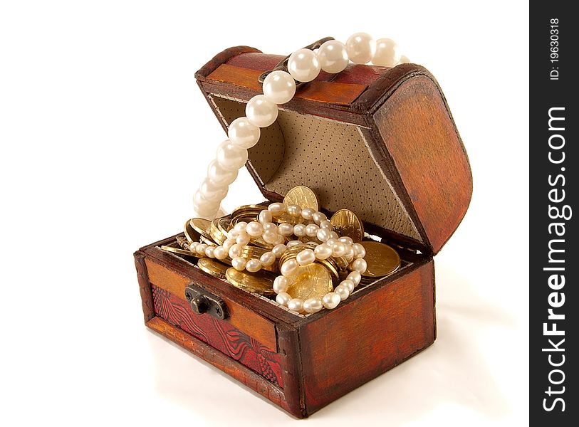 Chest with coins and large pearls