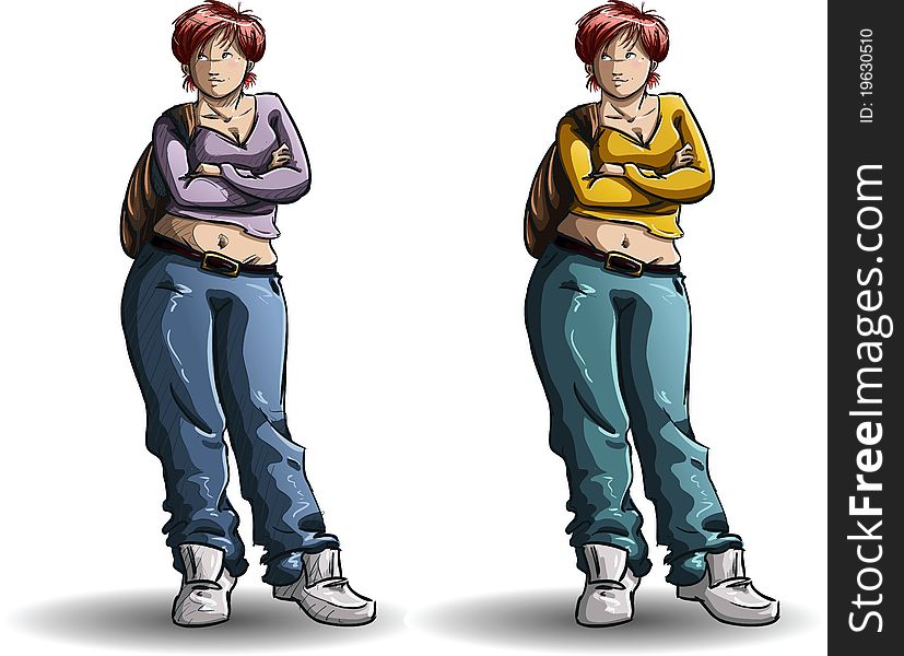 A  illustration of a red head woman stands and holds a bag on one shoulder. 2 versions with different colors and shadings. A  illustration of a red head woman stands and holds a bag on one shoulder. 2 versions with different colors and shadings.