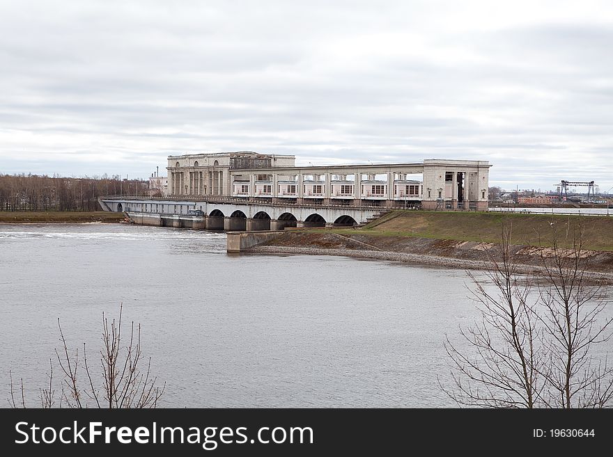 Water barrier dam in Uglich. Russian federation