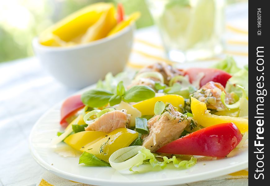 Fresh vegetable salad with grilled salmon