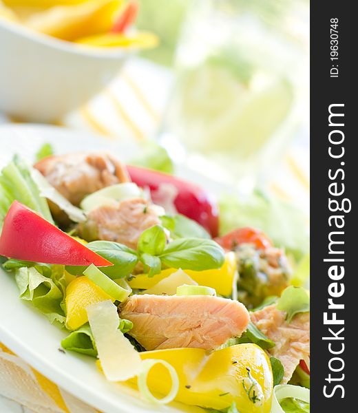 Fresh vegetable salad with grilled salmon