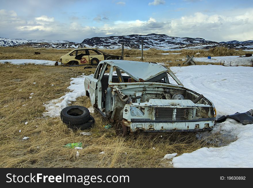 Brokendown Old Cars abandoned in the tundra. Brokendown Old Cars abandoned in the tundra