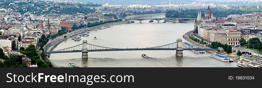 A panoramic view from citadella in Hungary. You can see the famous Chainbridge and the parliament building. A panoramic view from citadella in Hungary. You can see the famous Chainbridge and the parliament building.