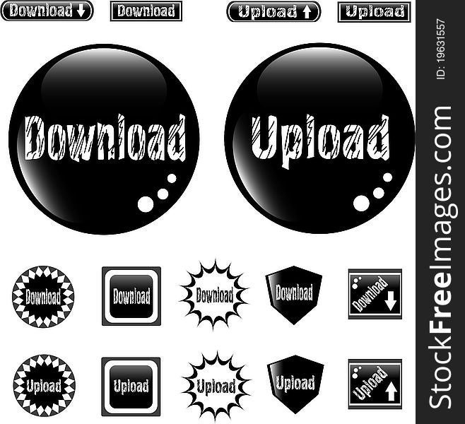 Set of glossy Black web buttons download and upload sign. Set of glossy Black web buttons download and upload sign