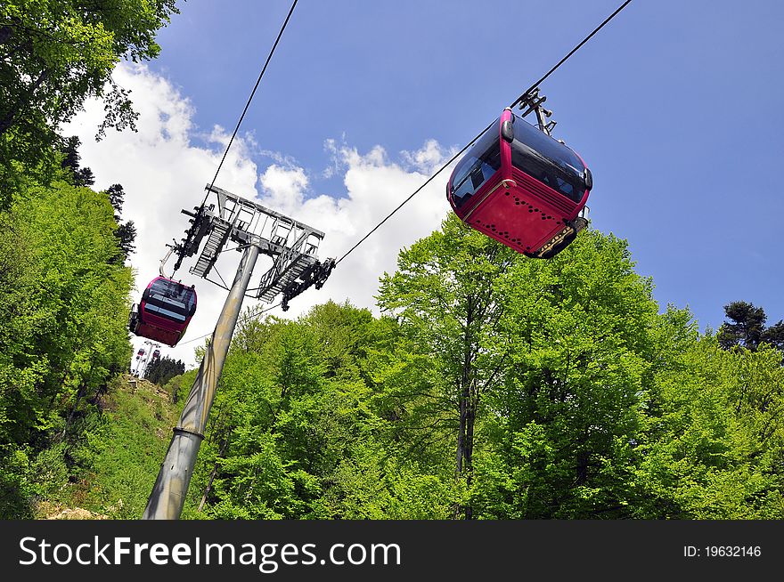 Twin cable car through the forest. Twin cable car through the forest
