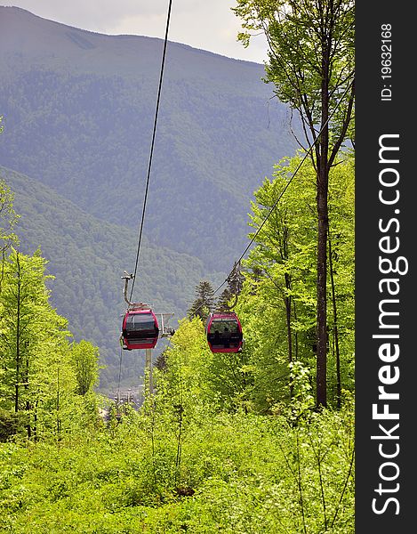 Twin cable car traveling through the forest. Twin cable car traveling through the forest