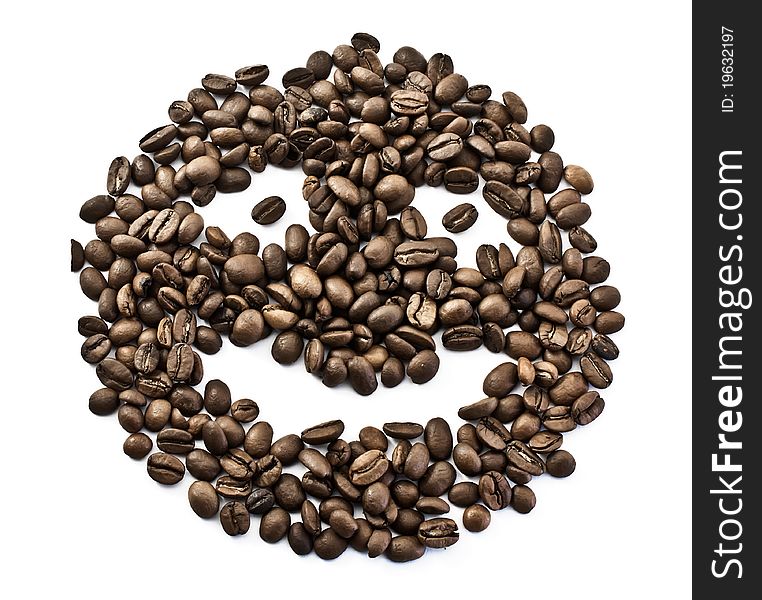Smiley from coffee beans isolated on white background