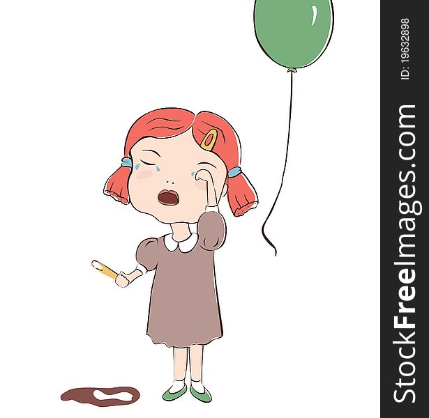 Cute girl lost her ice cream and balloon at the festival. Vector cartoon illustration.