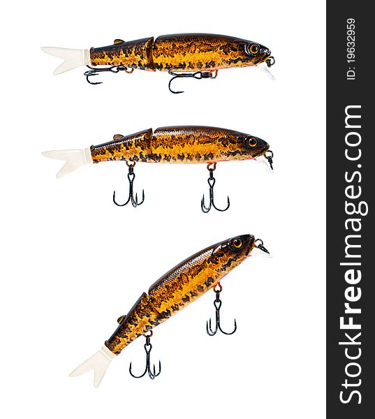 Various position of fishing lure on white background