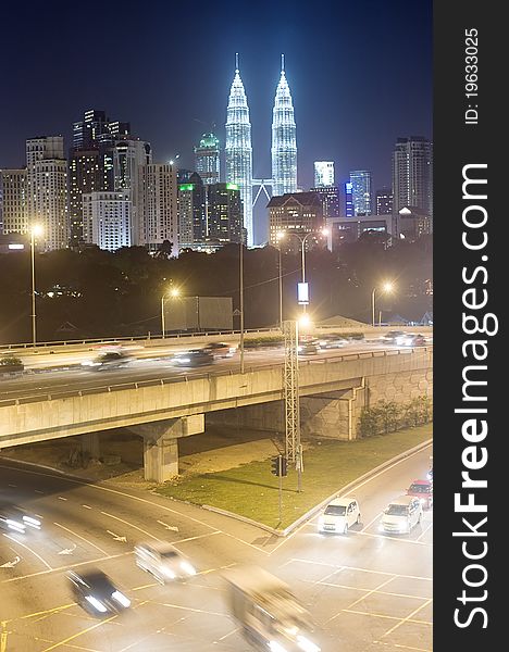 Night traffic in Kuala Lumpur at night. Malasia