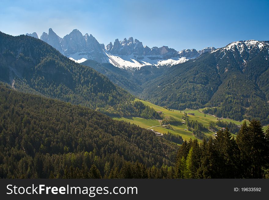 Spring Pastures In Dolomite Mountains Of Italy