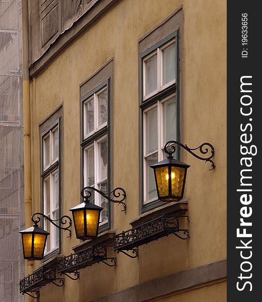 Closeup of old house whit lanterns