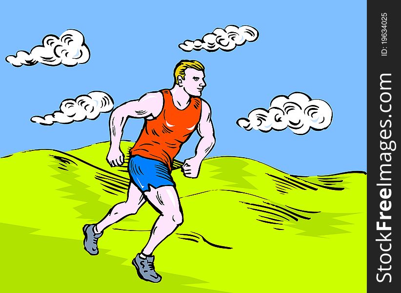 Sketch style illustration of a jogger or marathon runner running race with hills and mountains in background. Sketch style illustration of a jogger or marathon runner running race with hills and mountains in background