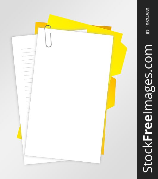 White paper blank with paper clip over gray background. White paper blank with paper clip over gray background
