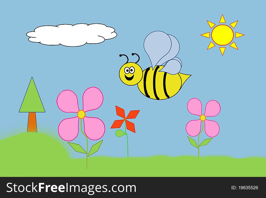 Happy Bumble Bee flying over flowers