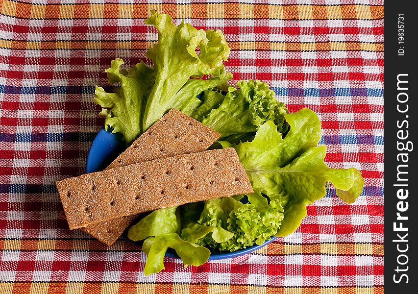 Fresh healthy food - bread and salad on tablecloth