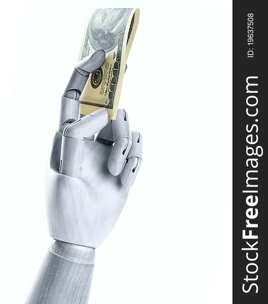 A steel hand with dollars. Isolated on a white background