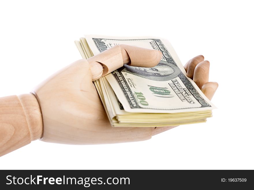 A Wooden Hand With Dollars