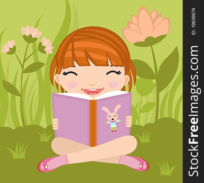 A  illustration of a little girl reading an interesting book