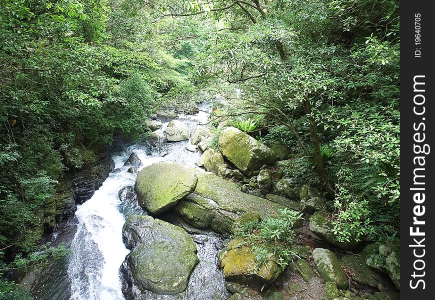 A river scene with rocks