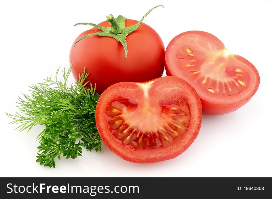 Tomatoes with green on a white background