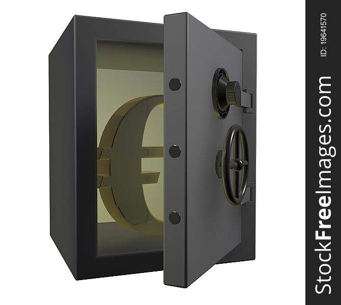 Opened safe with gold euro symbol 3d render. Opened safe with gold euro symbol 3d render