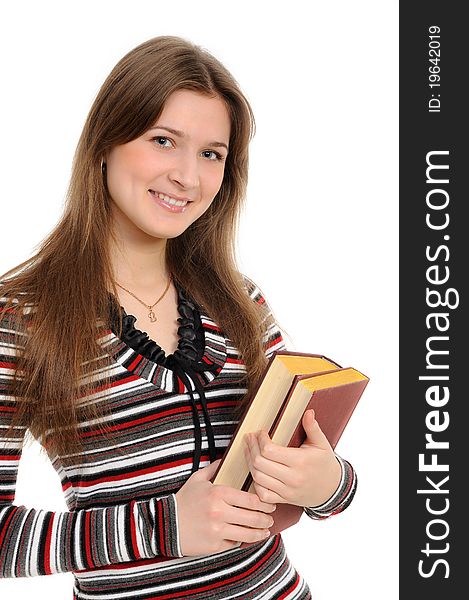 Student girl with books on white background